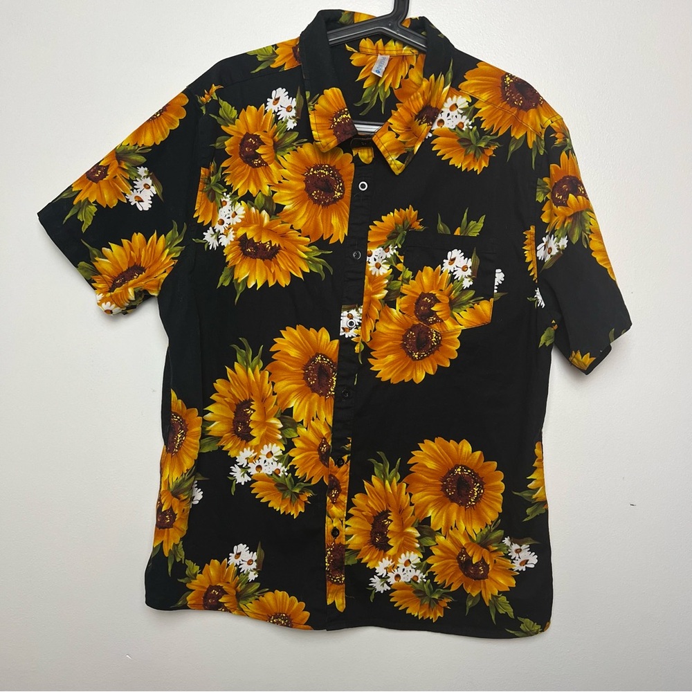 Sunflower Print Men's Large‎ Collared Button Down Shirt Big Bold Loud Fun Black